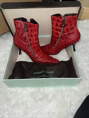 Donald J Pliner Salona Red Tomato Carib Gator Leather Ankle Boots Women’s 8.5 M